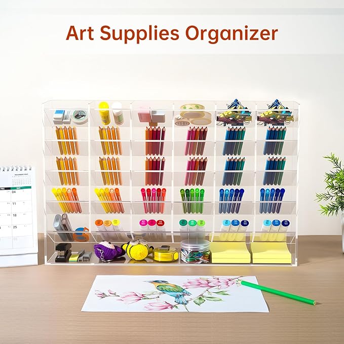 BEYGORM Acrylic Vertical Marker Organizer for 375 Markers with 31 Compartments, Clear Angled Pen & Pencil Holder, Large Desk Stationery & Art Supply Storage for Office & School (17.9x 12.4 x 4 Inch)
