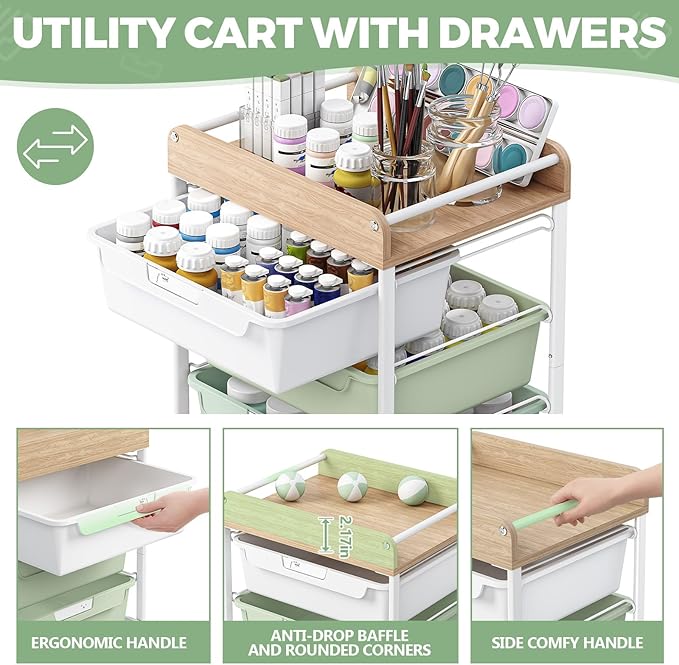 SYKIARIOL Rolling Storage Utility Cart with 5 Drawers,Craft Cart with Wheels,Makeup Organizer,Art Supply and Storage Wooden Tabletop,Green