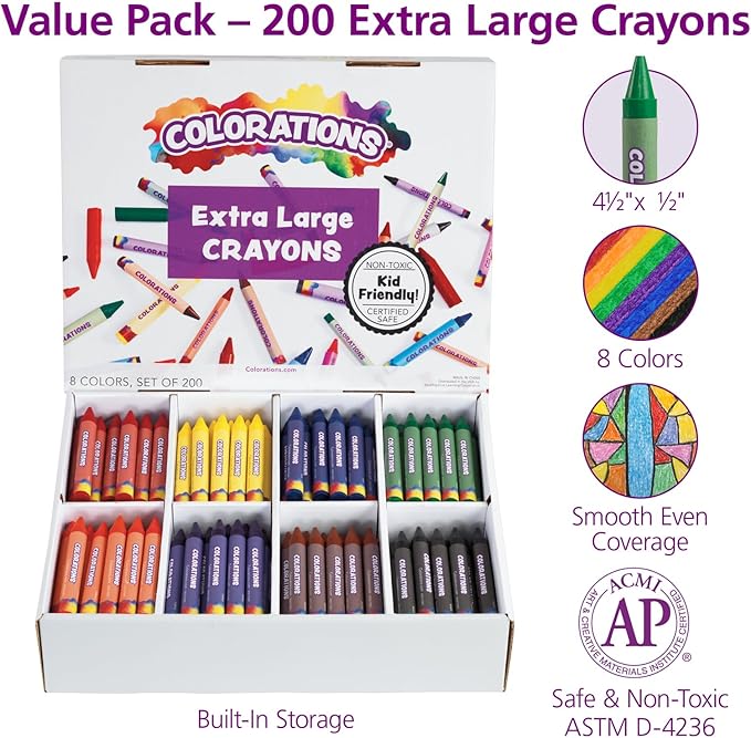 Colorations Extra Large Crayons - Non-Toxic, Set of 200, 8 Colors, Each 4-1/2"L x 1/2"D - School Bulk Supplies