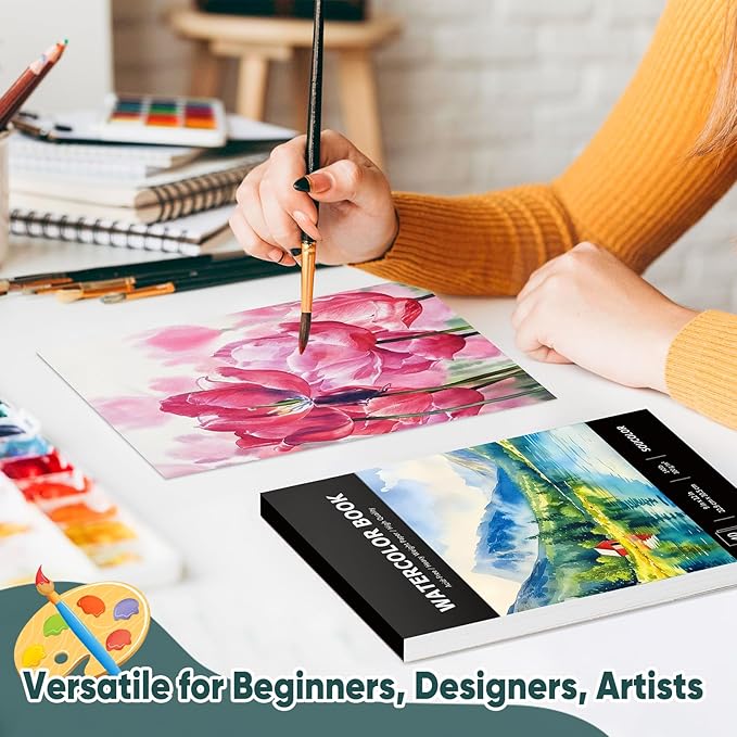 Soucolor 40 Sheets Watercolor Paper Pad, 9"x12" Water Color Paper, 140lb/300gsm Artist Painting Drawing Paper Book, Art Supplies for Adults, Watercolor Paint Set, Sketchbook, Journal, Notebook