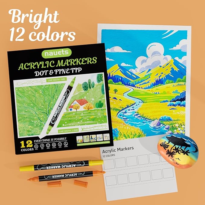 nauets 12 Colors Acrylic Paint Markers, Premium Dot & Fine Dual Tip Acrylic Paint Pens for Rock, Wood, Fabric, Canvas, Glass, Paper, Ceramic, Scrapbook, Vision Board and DIY Crafts Supplies Art Gifts