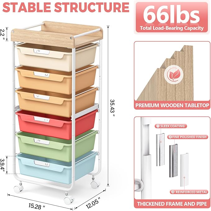 SYKIARIOL Rolling Cart with 6 Drawers,Utility Storage Cart with Drawers,Art Craft Organizers and Storage,Makeup Organizer with Wooden Tabletop,Rainbow