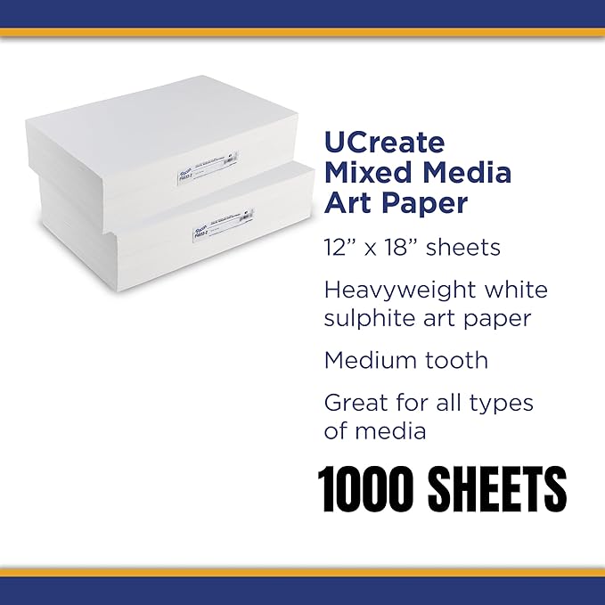 UCREATE Mixed Media Art Paper, Heavyweight, 12" x 18", 1000 Sheets, 2 Packs of 500 Sheets