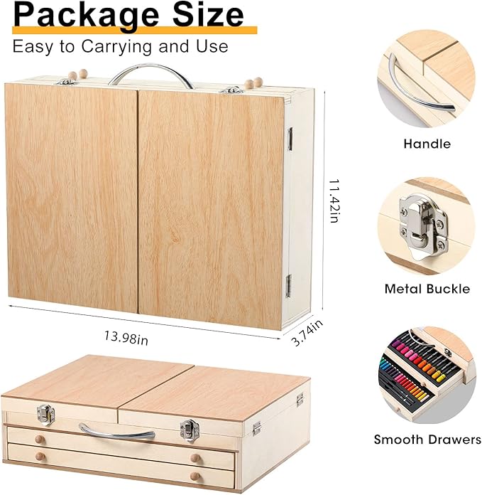 Art Supplies, Wooden Art Set Crafts Kit with Drawing Easel, Deluxe Kids Art Set, Oil Pastels, Colored Pencils, Watercolor Cakes, Creative Gift for Kids, Teens, Beginners Girls Boys