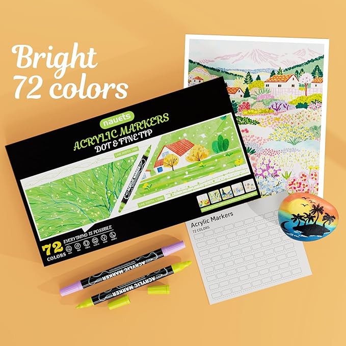 72 Colors Dual Tip Acrylic Paint Markers, Premium Dot & Fine Tip Coloring Paint Pens for Rock, Wood, Fabric, Canvas, Glass, Paper, Ceramic, Scrapbook, Vision Board and DIY Crafts Supplies Art Gifts