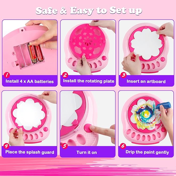 Spin Art Machine for Kids - Paint Spinner Art Craft Kit with 36 Artboards & 7 Colors - Arts and Crafts Painting Set for Boys Girls Ages 4-12, Birthday Easter Gifts for 6 7 8 9 10 Year Old（Pink）