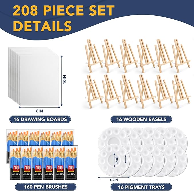AROIC 260 Pack Easel and Canvas Sets with 20 Wood Easels,200 Brushes,20 Canvas and 20 Palette, Painting Set, Tabletop Easel, Art Easels, Painting Supplies for Kids & Adults to Paint Party