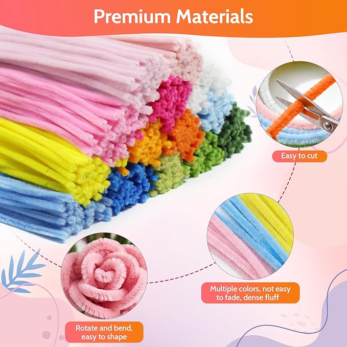 beanicus 700 PCS Pipe Cleaners Craft, Pipe Cleaners Flowers Kit with Handle, 14 Colors Chenille Stems with 18 Flowers Instruction, Art and Craft Supplies