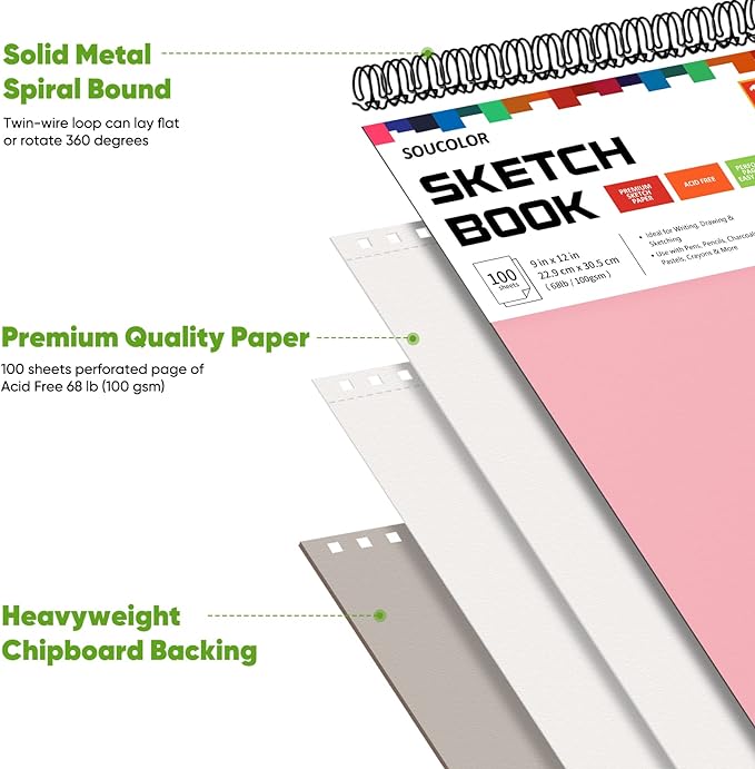 Soucolor 9"x12" Sketch Book 2-Pack: Bithday Art Supplies, Creative Gift Set for Birthdays, Art Projects, and All-Season Crafting