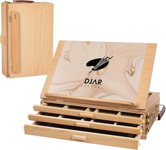 DJAR Tabletop Easel for Painting with 3 Drawer Storage, Adjustable Portable Beechwood Desktop Easel Sketchbox, Art Painting Stand for Adults, Students