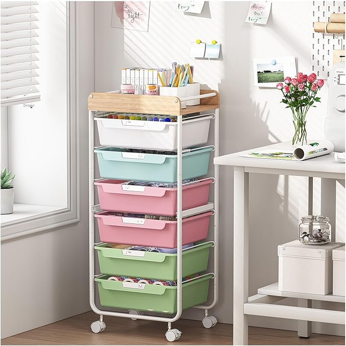 SYKIARIOL Rolling Cart with 6 Drawers,Utility Storage Cart with Drawers,Art Craft Organizers and Storage,Makeup Organizer with Wooden Tabletop,Colorful