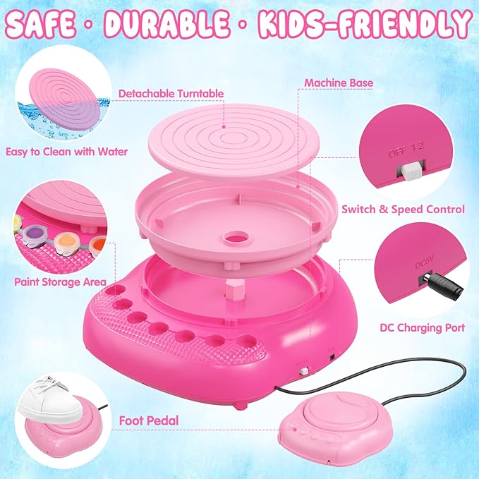 Pottery Wheel for Kids Complete DIY Pottery Painting Kit, Arts and Crafts for Kids Ages 8-12 with 3 Air-Dry Clay Packs and Tools, Art Supplies Toys Birthday Easter Gift for Boys Girls 6+ Years Old