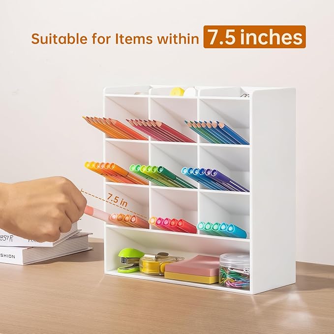 BEYGORM White Acrylic Vertical Marker Organizer for 150 Markers with 13 Compartments, Angled Pen & Pencil Holder, Large Desk Stationery & Art Supply Storage for Office & School (10.2 x 9.8 x 4 Inch)