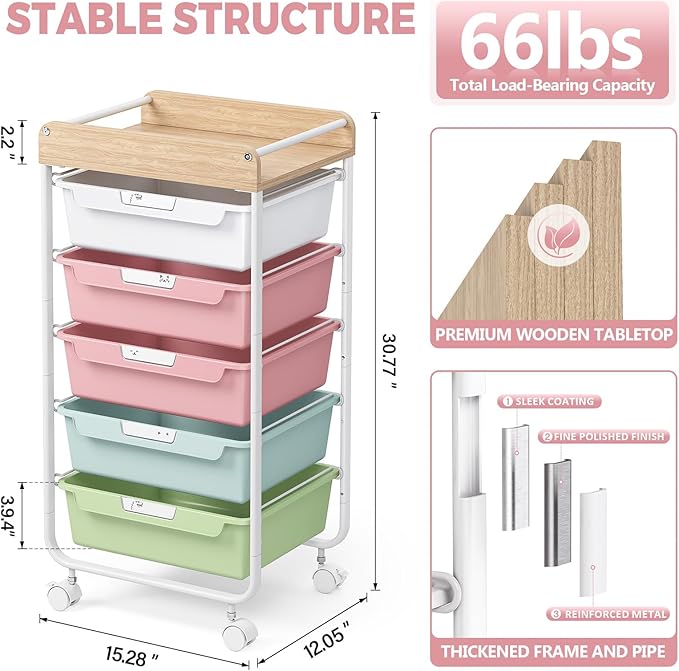 SYKIARIOL Rolling Storage Utility Cart with 5 Drawers,Craft Cart with Wheels,Makeup Organizer,Art Supply and Storage Wooden Tabletop,Colorful