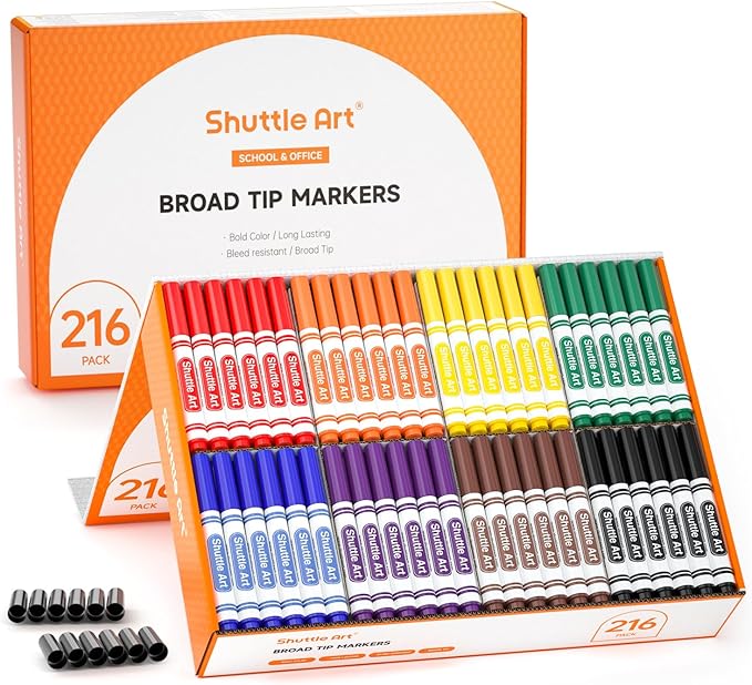 Shuttle Art 216 Pack Washable Markers, 8 Assorted Colors Broad Line Conical Tip Large Markers Bulk with a Box, Bonus Caps, Home Classroom School Supplies for Adults Students Teachers…