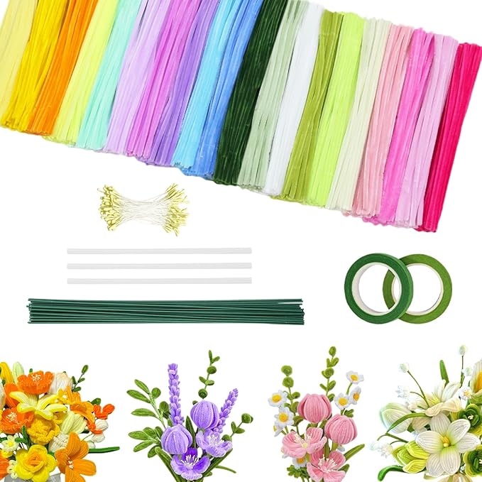 500 PCS Pipe Cleaners Craft, Pipe Cleaners Flowers Kit with Handle, 20 Colors Chenille Stems with Instruction, Art and Craft Supplies, Colored Pipecleaners Bulk