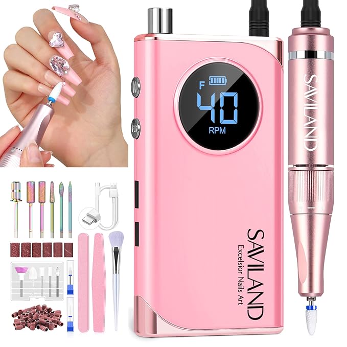 SAVILAND Professional Nail Drill : 40000RPM Rechargeable Pink Nail Drill Kit Electric Filer with 6000mAh Battery for Shaping, Removing & Polishing Acrylic Nails Home Salon Manicure Pedicure Ideal Gift