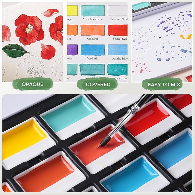 Fuumuui 24 Opaque Semi-Moist Watercolor Paint Set, Vivid Bright Professional Art Supplies with Strong Pigments & Coverage, for Artists Beginner Painters Amateur Hobbyists Painting