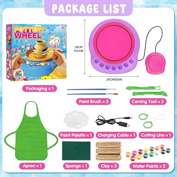 Pottery Wheel for Kids Complete DIY Pottery Painting Kit, Arts and Crafts for Kids Ages 8-12 with 3 Air-Dry Clay Packs and Tools, Art Supplies Toys Birthday Easter Gift for Boys Girls 6+ Years Old