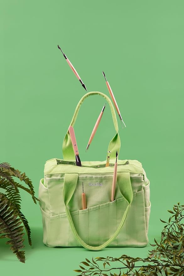 Soolla Studio Bag: Pottery Tool Bag & Craft Storage, Art Supply Organizer, Washable Tote, Knitting Yarn, Crochet Projects, 30 Pockets, 20+ Canvas Colors, Gift For Artists & Teachers (Lime Drip)