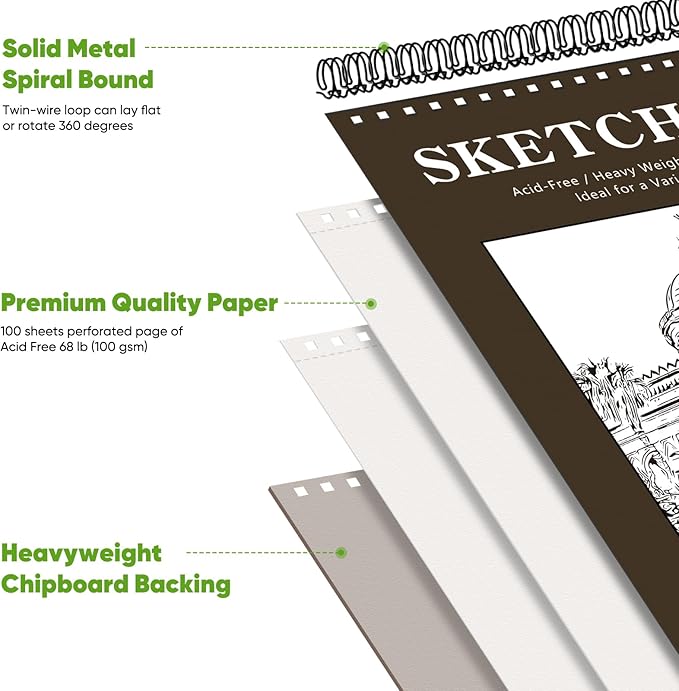 Soucolor 8" x 10" Sketch Book, 100 Sheets 8 x 10 Sketchbook, 68 lb/100gsm 8" x 10" Drawing Paper, Spiral Bound Sketch Pad, Art Paper for Drawing Painting, Art Supplies Gifts