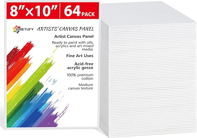 Simetufy 64 Pack Canvas Boards for Painting 8 x 10 inch, Bulk Blank Canvas for Kids- Gesso Primed Acid-Free 100% Cotton for Acrylics Oil Tempera Paints