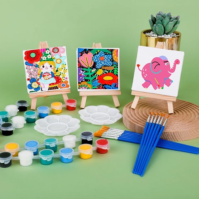 ESRICH 18 Set Mini Acrylic Paint Kit, Minis Stretched Canvas with Easel, Acrylic Paint Strips, Palettes, Painting Brushes, Mini Canvas and Easel Set for Kids Artists Beginner, Gifts