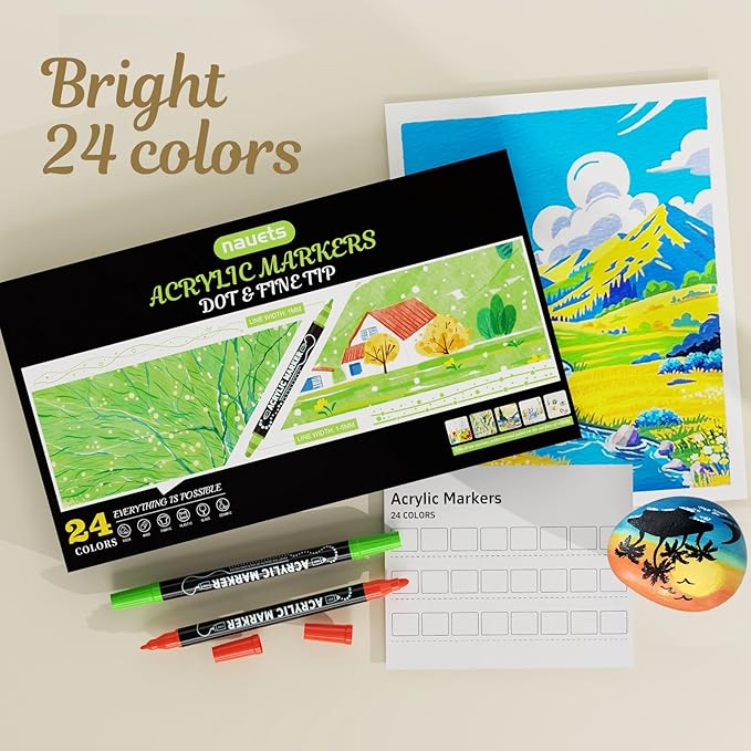 Nauets 24 Colors Dual Tip Acrylic Paint Markers, Premium Dot&Fine Tip Coloring Paint Pens for Rock, Wood, Fabric, Canvas, Glass, Paper, Ceramic, Scrapbook, Egg, DIY Crafts Supplies - Mothers Day Gifts