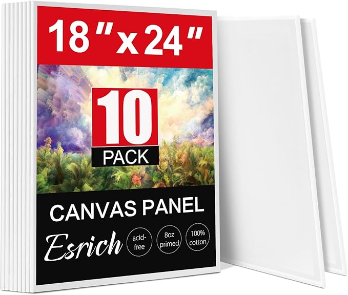ESRICH Canvas for Painting 18x24 Inch, 10 Pack Canvas Boards for Painting Cotton Primed Acid Free Large Blank Canvases, Canvas Panels for Oil Paint, Watercolor, Acrylic Paint, Gouache and Tempera.