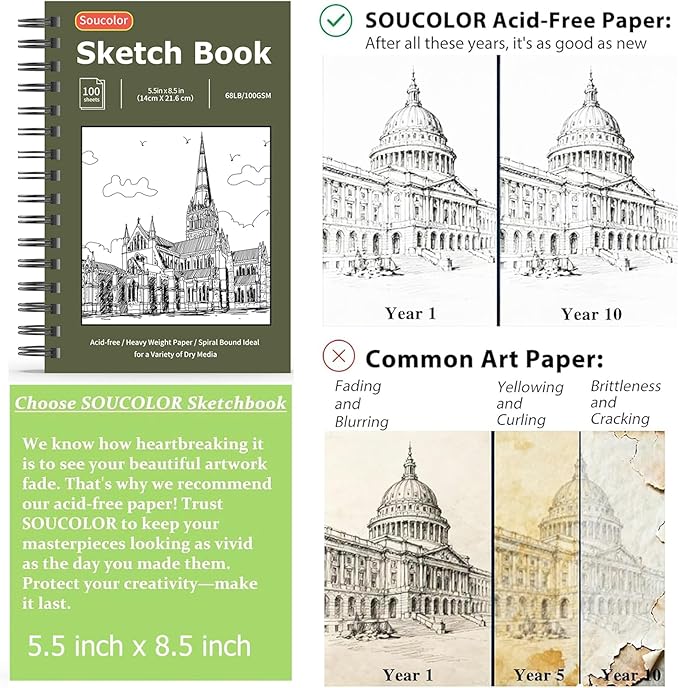 Soucolor 5.5" x 8.5" Sketchbook Pack of 2, 200 Sheets Blank Journal Notebook, A5, Spiral Bound Sketch Pad Drawing Book Acid-Free Paper (68lb/100gsm), Painting Sketching Drawing Notebook Art Supplies