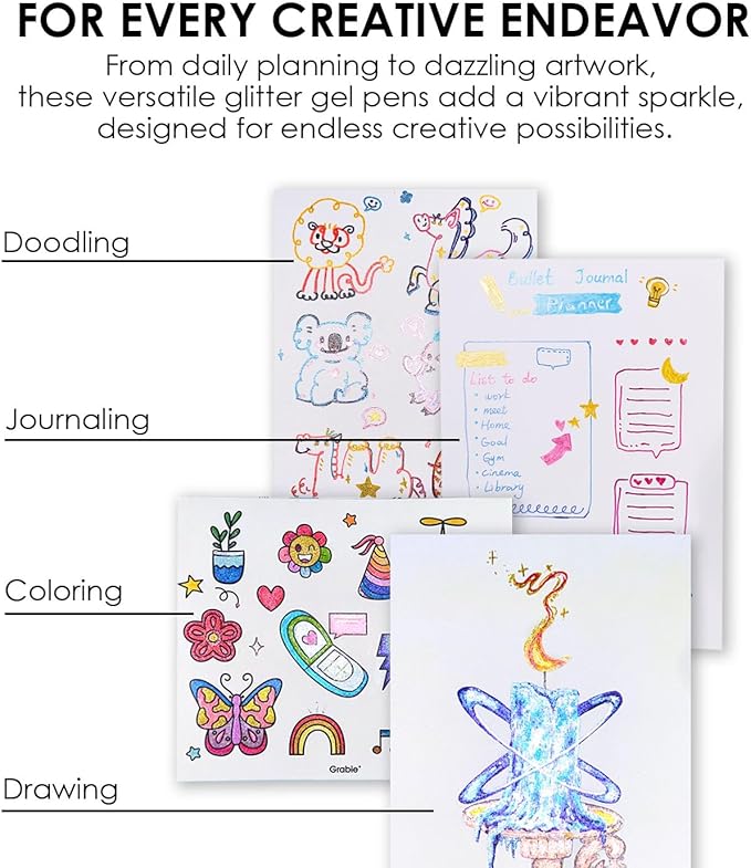 Grabie Set of 42 Glitter Gel Pens Set, Silver Sparkle Ink, 1.0mm Fine Tip Gel Pens for Adult Coloring Books, Journaling, Drawing, Scrapbooking, Smooth Writing Art Supplies