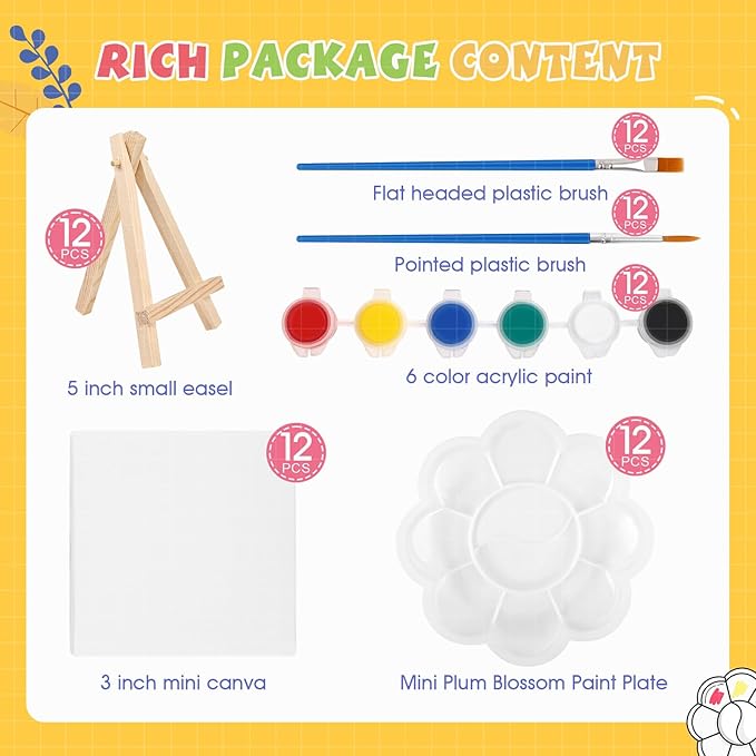 ESRICH 12 Set Mini Acrylic Paint Kit, Minis Stretched Canvas with Easel, Acrylic Paint Strips, Palettes, Painting Brushes, Mini Canvas and Easel Set for Kids Artists Beginner,Gift