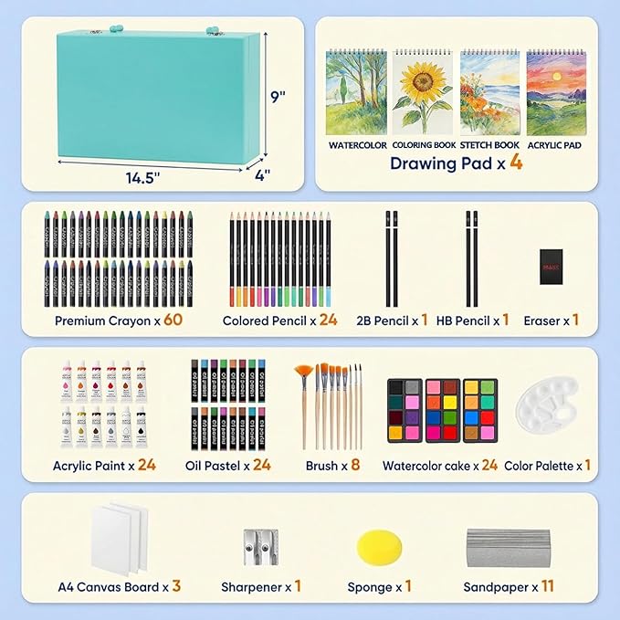 194 Piece Deluxe Art Set, Painting Drawing Art Supplies with 4 Drawing Pads, Acrylic Paints, Crayons, Colored Pencils Set in Wooden Case, Art Kit Gift Box for Kids, Teens, Adults, Artists, Beginners