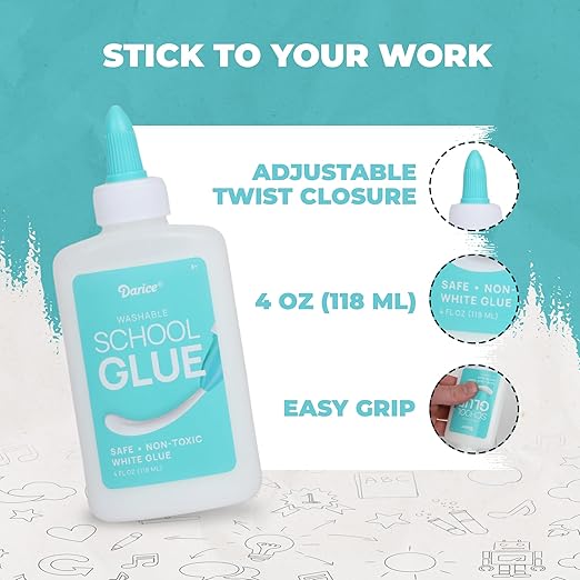 Darice Washable School Glue 4oz - 24-Pack White Liquid Glues for Kids - Extra-Strong for Slime, Arts and Crafts, Back to School Supplies - Glue Bottle with Adjustable Twist Closure