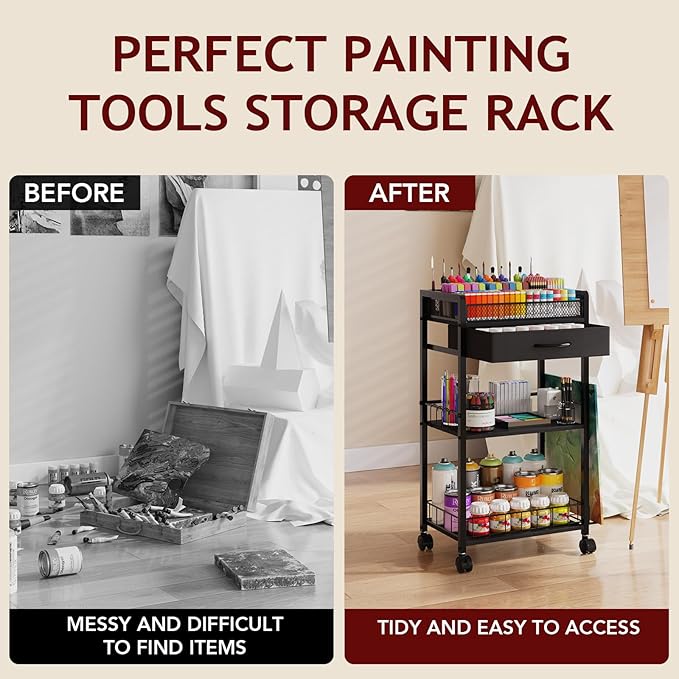Homsorout 3 Tier Rolling Cart - Metal Utility Cart with Storage Drawer and Wheels, Versatile Art & Craft Organizer for Home, Office, or Studio Ideal for Storing Brushes, Paints, and Supplies Black