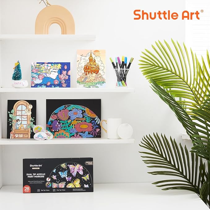 Shuttle Art 28 Metallic Colors Dual Tip Acrylic Paint Markers, Dot Tip and Fine Tip Acrylic Paint Pens for Rock, Ceramic, Wood, Canvas, Plastic, Glass, Stone, Calligraphy, Card Making, DIY Crafts