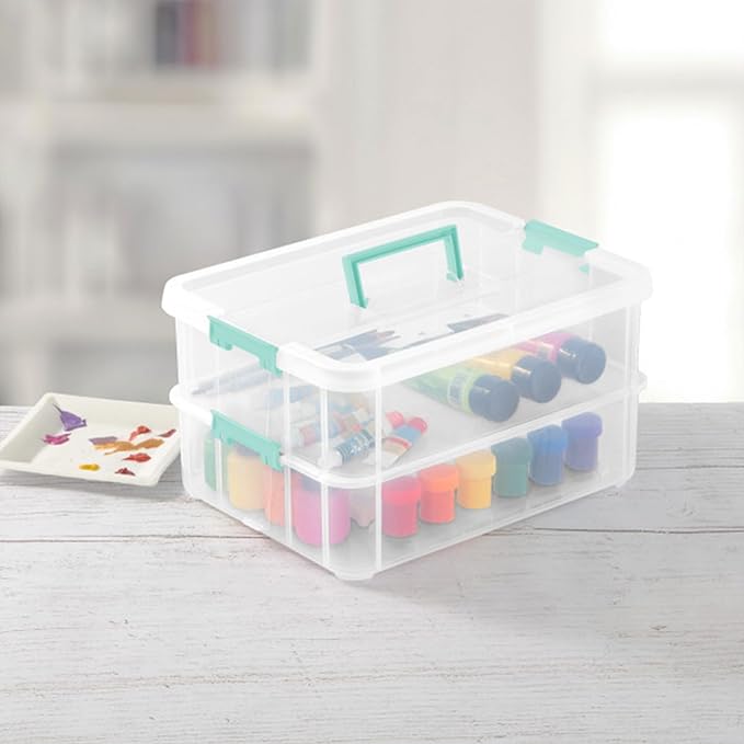 Sterilite 16-Pack Stack & Carry, 2 Layer Handle Box for Home & Office Storage - Clear Base & Lid with Color Latches, Organizer for Art & Craft Supplies, Sewing Tools or 8.5" x 11" Paper