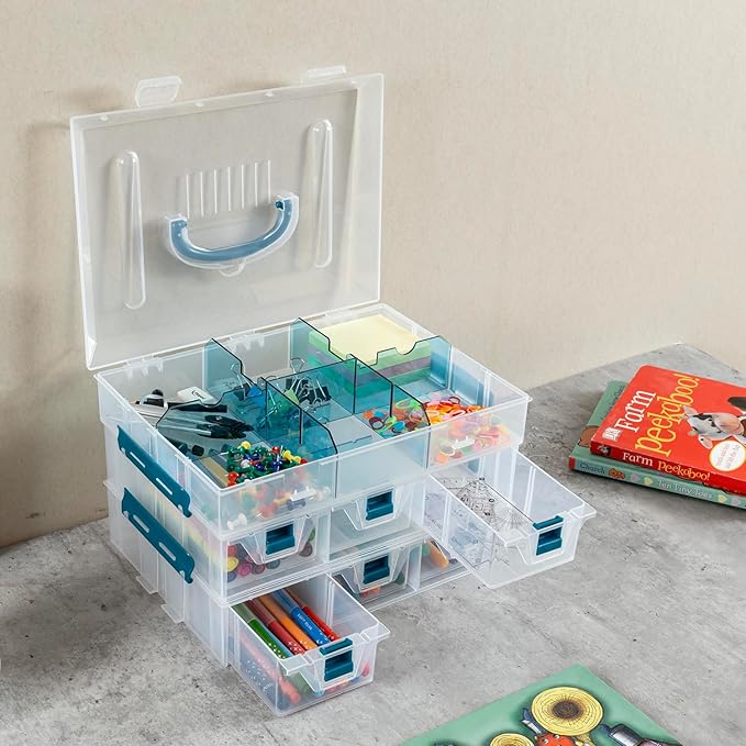 MyGift 11 Inch Clear Arts and Crafts Stackable Container, Sewing Supplies Storage Organizer Case with Blue Accents, 24 Customizable Compartments, and 6 Drawers with Removable Dividers