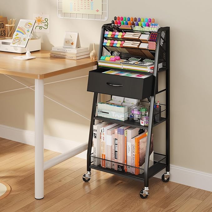 Homsorout 3 Tier Rolling Cart - Metal Utility Cart with Storage Drawer and Wheels, Versatile Art & Craft Organizer for Home, Office, or Studio - Ideal for Storing Brushes, Paints, and Supplies（Black）