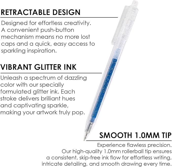 Grabie Glitter Gel Pens, 18 Colors Glitter Gel Pens Set, Retractable Sparkle Gel Ink Pens for Coloring Books, Journaling, Drawing, Scrapbooking & DIY Crafts, Smooth Writing Art Pens for Creative Work
