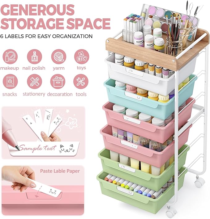 SYKIARIOL Rolling Cart with 6 Drawers,Utility Storage Cart with Drawers,Art Craft Organizers and Storage,Makeup Organizer with Wooden Tabletop,Colorful