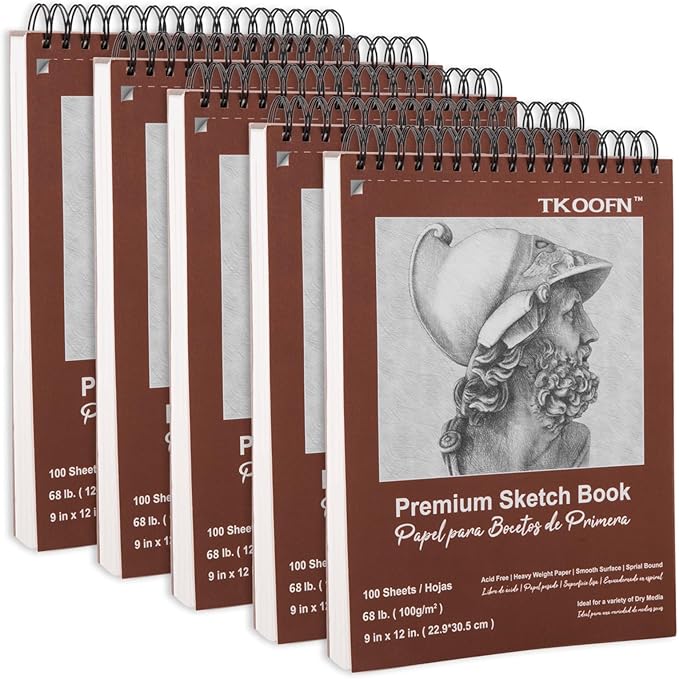 TKOOFN 5 Pack 9" x 12" Sketch Book Bulk (500 Sheet Total), Top Spiral Bound Premium Sketchbook Drawing Pads(68lb/100gsm), Acid-Free Painting Paper Drawingbook for Adults Kids Artists Beginners