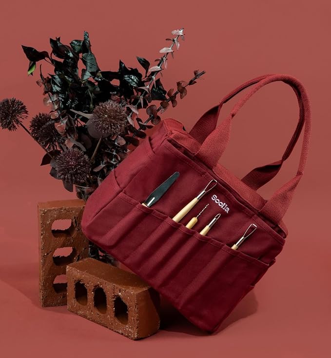 Soolla Studio Bag: Art Supply Organizer & Pottery Tool Bag, Washable Craft Tote, Knitting Yarn Holder, Crochet Projects, 30 Pockets, 20+ Canvas Colors, Gift for Artists & Teachers (Sangria Red)