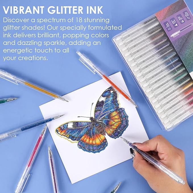 Grabie Glitter Gel Pens, 18 Colors Glitter Gel Pens Set, Retractable Sparkle Gel Ink Pens for Coloring Books, Journaling, Drawing, Scrapbooking & DIY Crafts, Smooth Writing Art Pens for Creative Work