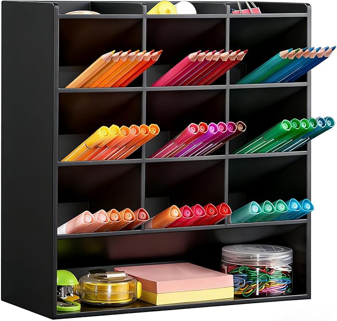 BEYGORM Acrylic Vertical Marker Organizer for 150 Markers with 13 Compartments, Angled Pen & Pencil Holder, Large Desk Stationery & Art Supply Storage for Office & School (10.2 x 9.8 x 4 Inch)