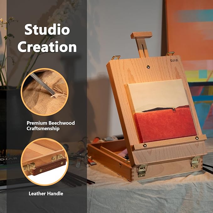 DJAR Tabletop Art Easel for Painting, Solid Beech Wood Desktop Sketchbox, Adjustable Portable Art Drawing Easel for Student Artist Beginner
