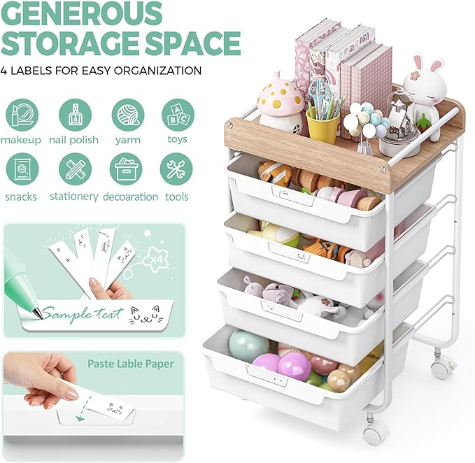 SYKIARIOL Rolling Storage Utility Cart with 4 Drawers,Kids Craft Art Cart,Makeup Organizer and Storage with Wooden Tabletop,White