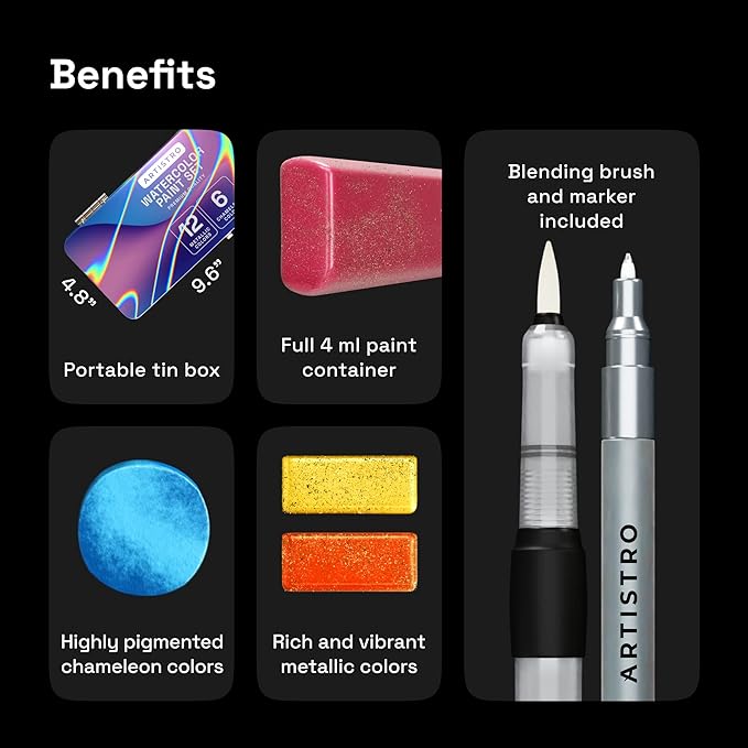ARTISTRO 18 Metallic Color Watercolor Paint Set - Portable Paint Art Kit with Palette and Brush Pens - Travel Water Color Set for Adults, Professionals, Kids - Art and Painting Supplies - Gift Idea