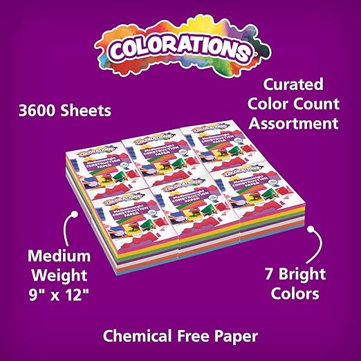Colorations Construction Paper for Kids - 7 Colors - 3600 Bulk Sheets of 9X12 - Assorted Pack of Heavy-Duty Craft Paper