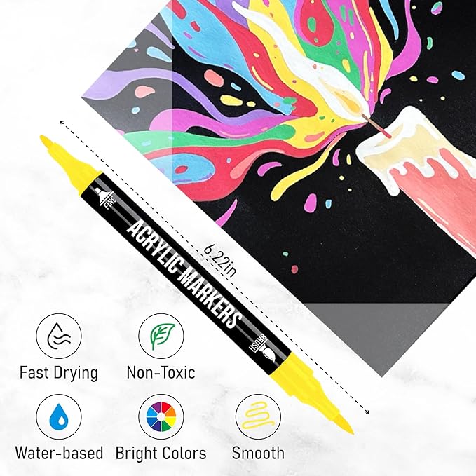Pagather 72 Colors Acrylic Paint Markers, Dual Tip with Fine Tip and Brush Tip Pens for Stone, Wood, Calligraphy, Canvas, Ceramic, Metal, Glass, Rock Painting, DIY Crafts Art Supplies Kit